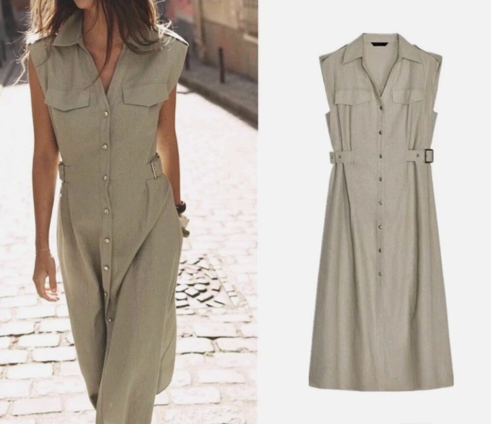 Zara Linen Blend Midi Dress Oatmeal Utility Safari Military M